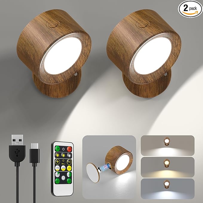 Lightbiz LED Wall Lights, Wall Sconces 2 Pcs with Remote Rechargeable Battery Operated, 3 Color Temperatures & Dimmable Wall Lamp Magnetic 360° Rotation Light for Bedroom Living Room