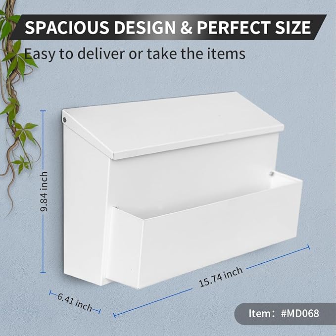 Wall Mount Mailbox, Large Capacity for House, Outside, with 3 Sets of 0-9 Number Stickers & Flower Planter, Galvanized Steel Rust-Proof Metal Post Drop Box, 15.74"×9.84"×6.41" White