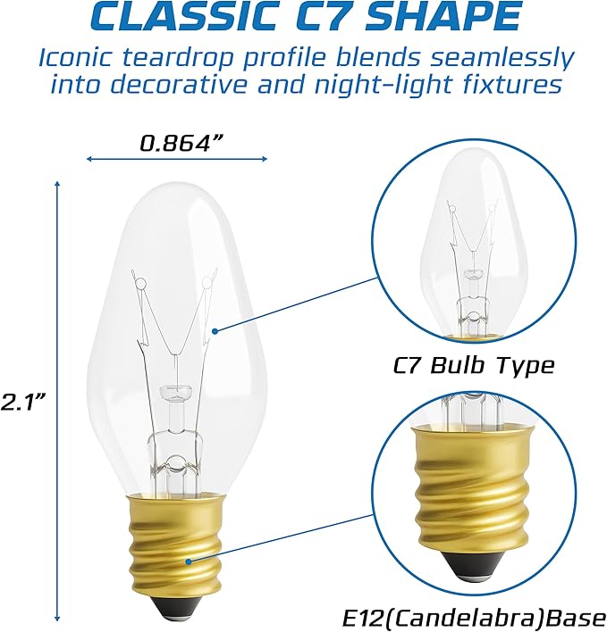 OHLECTRIC Night Light Bulbs (4 Pack – Clear), 7 Watt Mini Bulbs – E12 Candelabra Base, Non-Dimmable, 120 Volts – C7 Night Light Lamp Replacement Bulb for Salt Lamps, Window Candles, Holiday Decor