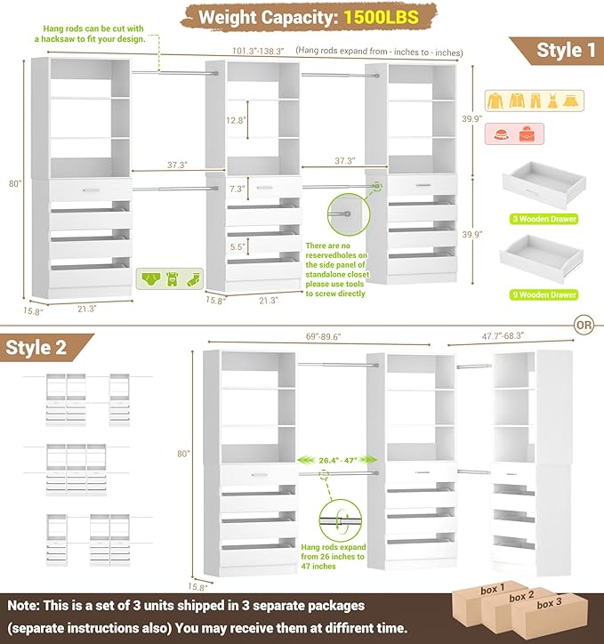 Aheaplus Closet System with 12 Drawers, 8.5-11.5Ft Wood Closet Organizer System with 4 Hanging Rods & 3 Towers, 4Ft & 6Ft L-Shaped Walk-in Closets Wardrobe Organizer Clothes Rack, Set of 3, White