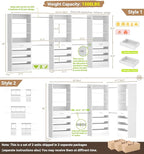 Aheaplus Closet System with 12 Drawers, 8.5-11.5Ft Wood Closet Organizer System with 4 Hanging Rods & 3 Towers, 4Ft & 6Ft L-Shaped Walk-in Closets Wardrobe Organizer Clothes Rack, Set of 3, White1