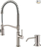 KRAUS Sellette Commercial Style Spot Free Stainless Steel Single Handle Pull-Down Kitchen Faucet with Deck Plate and Soap Dispenser, KPF-1683SFS-KSD-80SFS