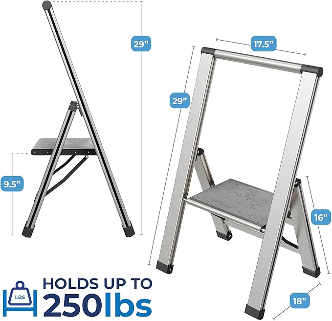 Step Ladder 1 Step Folding, Decorative - Beautiful Gray Wood & Silver Aluminum, Ultra Slim Profile, Anti Slip Steps, Sturdy-Portable for Home, Office, Kitchen, Photography Use,by SORFEY