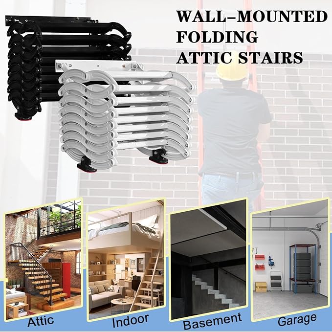 3 Steps Wall Mounted Attic Ladder, Indoor Attic Stairs Pull Down System, Metal Telescoping Step Ladders, Anti-slip Retractable Folding Stair, Loft Extension Steps Staircase for Garages(black, 3 Steps)