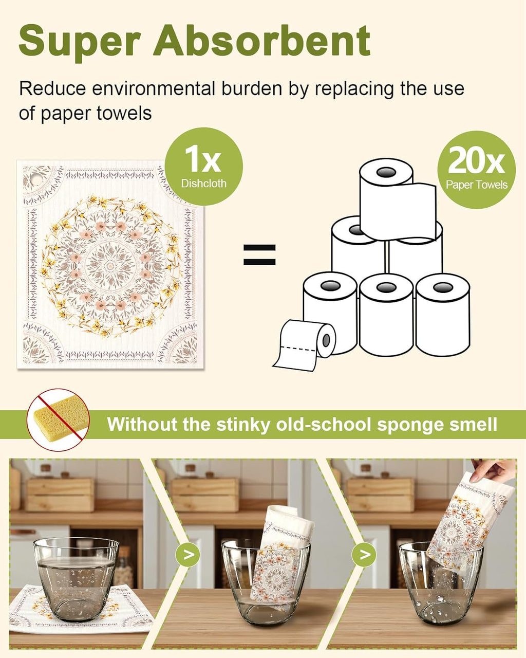 6 Pack Swedish Dishcloths for Kitchen - Reusable Dish Cloths for Washing Dishes Absorbent Cute Funny Kitchen Towels Cleaning Sponge, Bohemi