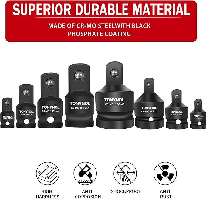 8 Piece Impact Socket Adapter and Reducer Set,1/4" 3/8" 1/2" 3/4" 1"Drive Socket Adapter Set,Cr-Mo Steel,With a Storage Case.