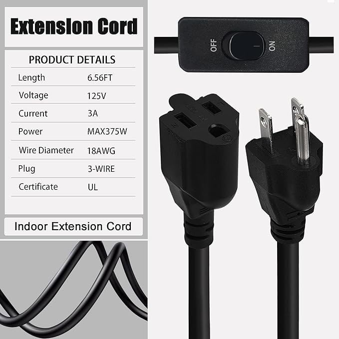 131FT（6.56FT*20） Black Extension Cord with Switch On/Off, 3 Prong Grounded Plug, Insulated & Flame Retardant,125V 375W Indoor Power Cord, UL Listed