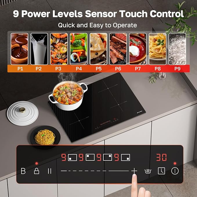 ThermoMate 30 Inch Induction Cooktop, 7200W Built in Induction Stove Top, Electric Cooktop with 4 Boost Burner, 9 Heating Level, Timer & Child Safety Lock, Sensor Touch Control, 240V
