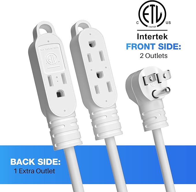 3 Prong Power Extension Cord with Multiple Outlets 10 FT, 16/3 Gauge Multi 3 Outlet Wire, 90 Degree Angled Male Plug, 16 AWG Grounded Wire (13A 125V 1625W), ETL Listed, White Cable with 25 Cable Ties