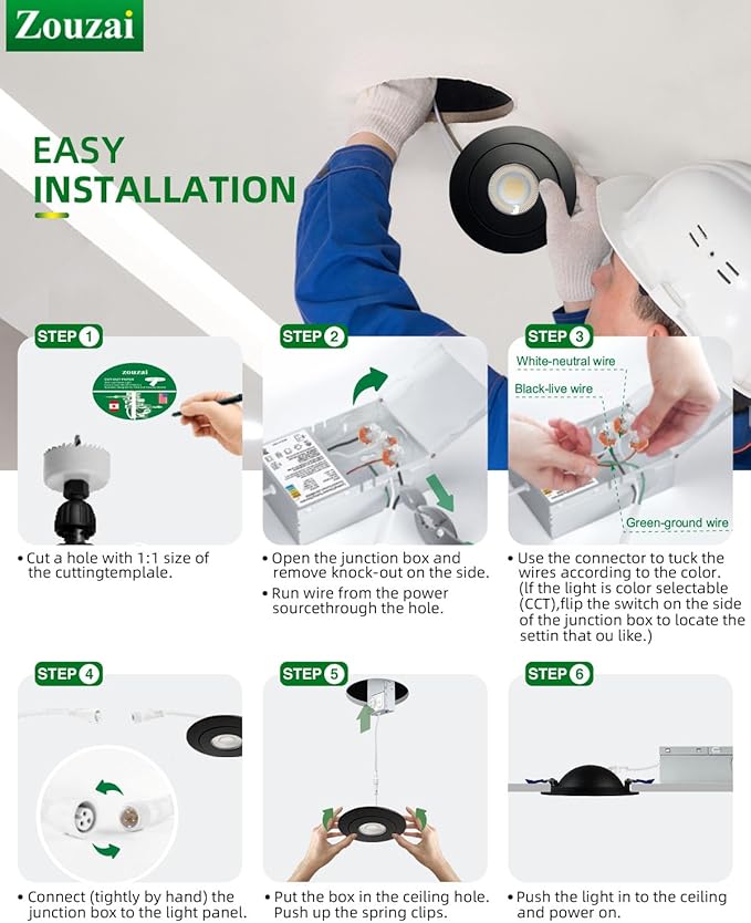 zouzai 4 inch 5CCT Gimbal Black Led Recessed Lights, 360°+90° Adjustable Directional Recessed Lighting, 2700K-5000K Dimmable Retrofit Eyeball Can Lights with Jbox, ETL&Energy Star (Black,12 Pack)
