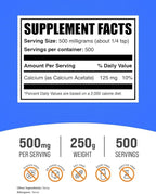 BulkSupplements.com Calcium Acetate Powder - Calcium Supplement, Calcium Acetate Supplement - Food Grade & Gluten Free, 500mg (125mg Calcium) per Serving, 250g (8.8 oz) (Pack of 1)
