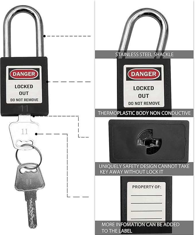 SAFBY Lockout Tagout Locks, Safety Padlock, Keyed Differently Loto Safety Padlocks for Lock Out Tag Out Kits Station (Black 11-20)