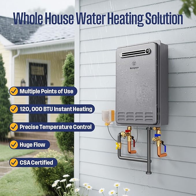 Westinghouse Natural Gas Tankless Water Heater Outdoor Installation Max 5.1 GPM 120,000 BTU, Temp Self Modulating Non Condensing High Efficiency Water Heater for House or Commercial, APOLO Performance