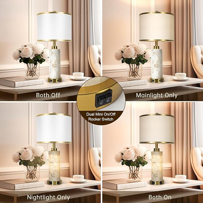 27" Natural Alabaster Table Lamps Set of 2, Lamps for Living Room Bedroom,Bedside Lamps with Night Light,Nightstand Lamp with USB A+C Ports,Modern Table Lamp with Linen Shade (Bulbs Included)