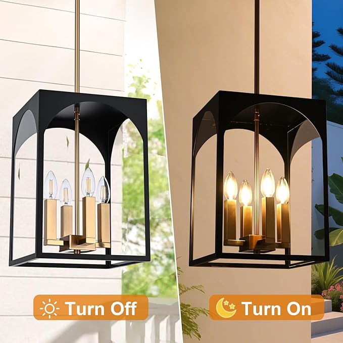 VINLUZ Outdoor 4 Lights in Black and Brushed Brass Finish, Metal Indoor Outdoor Pendant Hanging Lantern Lighting with Clear Glass Shade for Balcony Dining Room