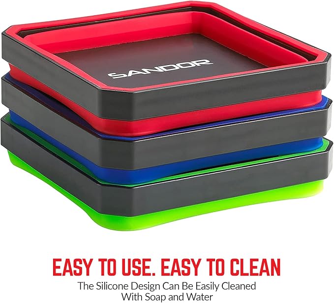 Collapsible Magnetic Parts Tray Set - (Pack of 3) Tool Trays for Screw, Bolts, Nuts, Washers, Pins and Other Small Metal Parts - 4.25 Inch Square - Red, Blue, and Green