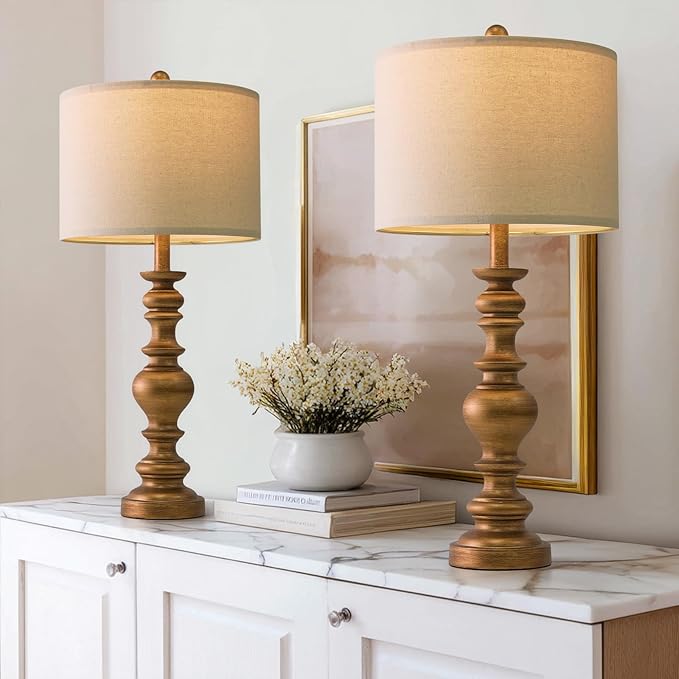 BOBOMOMO 27" Antique Gold Table Lamps Set of 2, Elegant Large Resin Lamps with Linen Shades, Gold Traditional Lamps for Bedroom, Living Room, or Console Table, Classic Vintage Décor