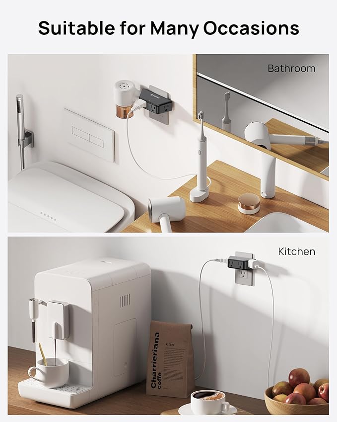 TROND Multi Plug Outlet Extender - Surge Protector Outlet Splitter with 4 Grounded Sockets, Angled Wall Plug Adapter, 900J, Multiple Wall Expander for Bathroom Kitchen Travel Dorm Room, Black