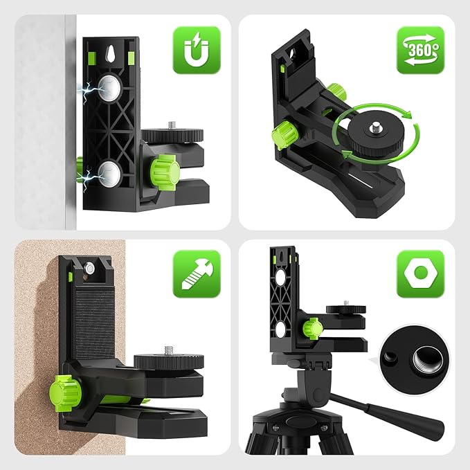 Huepar Fine-tuning Bracket for Line and Point Laser Levels, 1/4"-20 Male Thread L-Shape Magnetic Pivoting Base with 1/4"-20 and 5/8"-11 Female Threaded Mounts on Bottom for Wall & Ceiling Mount - PV12