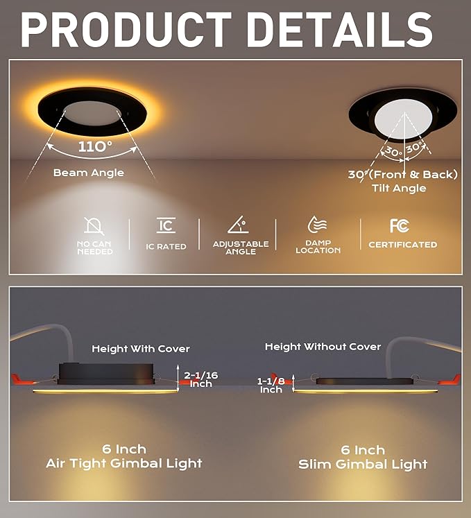 [4 Pack] CLOUDY BAY 6 inch 5 Color Swivel LED Gimbal Recessed Light with Night Light,12W CRI80+ 850LM,2700K/3000K/3500K/4000K/5000K,Canless Angled Adjustable Ceiling Downlight,Black