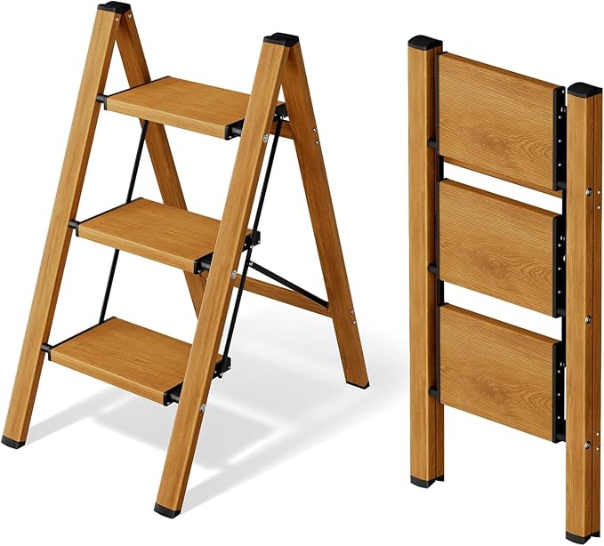3 Step Ladder,Aluminum Folding Step Stool for Adults,Step Ladder with Wide Anti-Slip Pedal,330 lbs Capacity for Home,Office,Kitchen,Library(Woodgrain