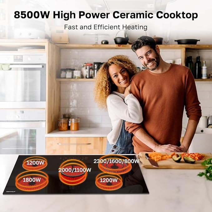 ThermoMate 36 Inch Electric Cooktop 5 Burners, 36" Built in Radiant Electric Stove Top, 8500W Ceramic Cooktop with Touch Control, 9 Heating Level, Chlid Lock & Timer, 220-240V Hard Wire ETL Listed