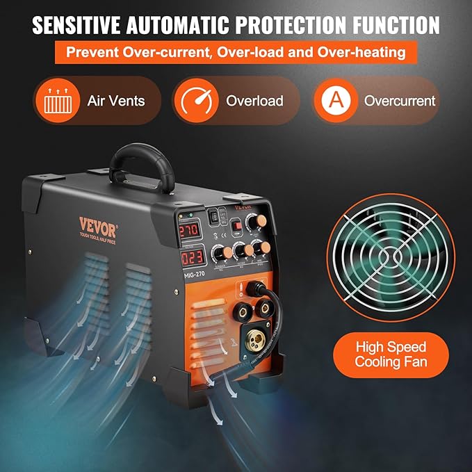 VEVOR MIG Welder, 3 in 1 270 Amp Welding Machine, 110 220V MIG Lift TIG Arc Welder, Portable Lift TIG Welder ARC Welder with IGBT DC Inverter, LCD Digital Display, Welder Torch and Welding Wire