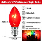 25 Pack Multi-color C7 Replacement Christmas Light Bulbs Vintage Colorful Light Bulbs, for Xmas C7 String Lights Replacement Bulbs & Christmas Tree Home Party Yard Color Bulb Decor, E12 Base, 5W