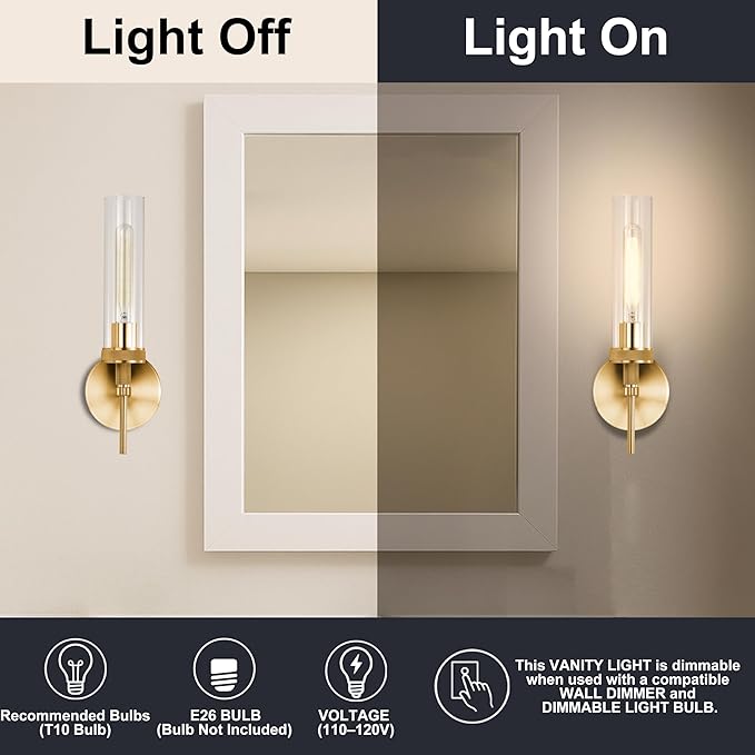 Gold Bathroom Light Fixtures Over Mirror, Vanity Lights Set of 2 with Knurled Texture, Brushed Gold Wall Sconces with Clear Glass Shade, Modern Industrial Bathroom Lighting for Bedroom, Living Room