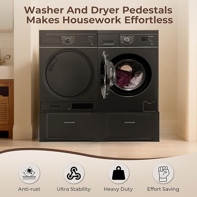 28" Washer and Dryer Pedestals with Drawer- Laundry Pedestal Stand for Washer and Dryer – Set of 2,Alloy Steel Washing Machine Stand Raiser, washer dryer pedestal 14.3'' Height Black