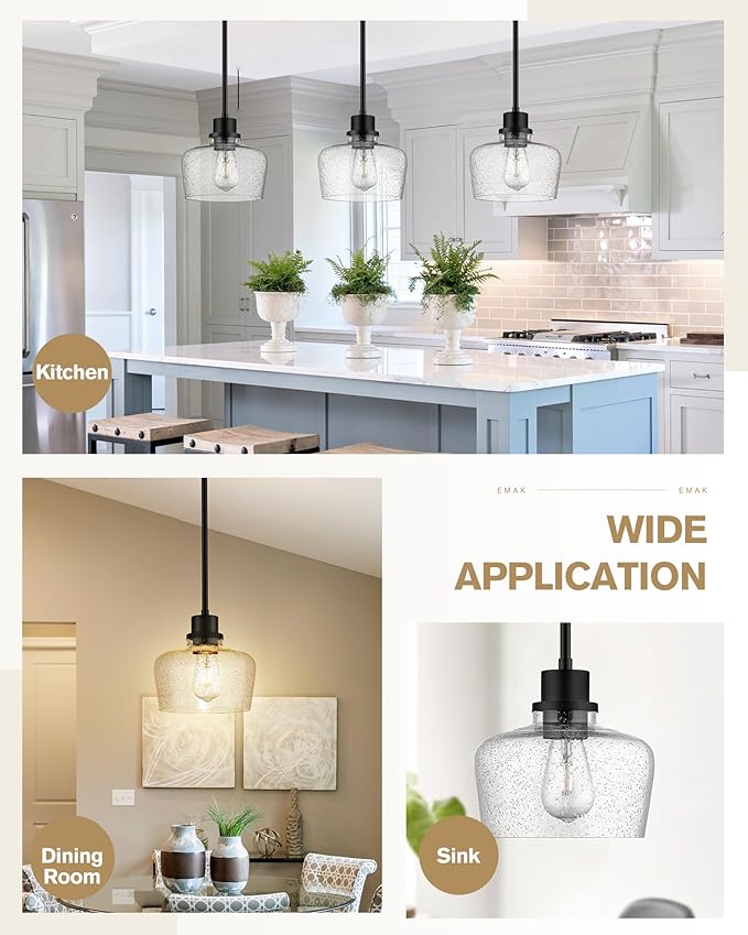 Emak 2 Pack Pendant Lights Kitchen Island, 8 Inch Black Pendant Light with Seeded Glass Shade, Modern Farmhouse Hanging Light Fixture for Kitchen Island, Bathroom, Bedroom, PL122-BK-2PK