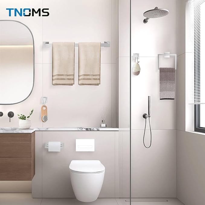 TNOMS Brushed Nickel Towel Bar Set,5-Piece Bathroom Hardware Set Includes Upgraded Double Base Paper Towel Holder Modern Square Towel Holder Set,Stainless Steel Wall Mount 23.6 Inch