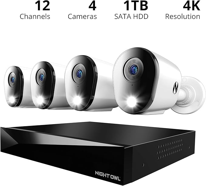 Night Owl 2-Way Audio 12 Channel DVR Video Home Security Camera System with (4) Wired 4K HD Indoor/Outdoor Deterrence Cameras and 2TB Hard Drive (Add up to 4 Wi-Fi Cameras) (4 Camera)