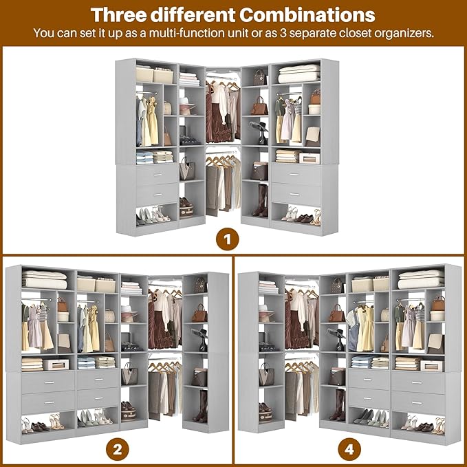 Large Corner Closet System with 3 Sets, 87.2" Closet Organizer System with 4 Drawers & 4 Hanging Rods, Reversible L Shaped Walk-in Closets, Load 2000+LBS, Grey (87.2" L x 39.2" W x 80" H)