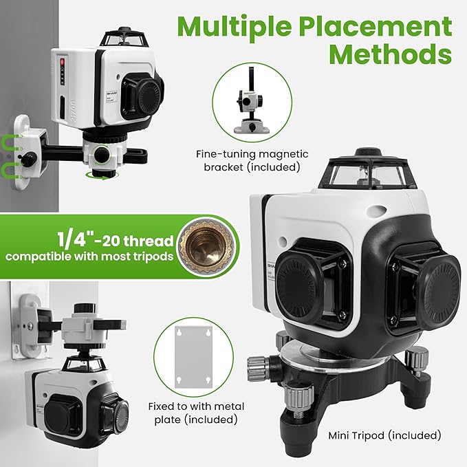 Laser Level 360 Self Leveling, 3x360° 3D Green Line Laser Level for Picture Hanging, Rechargeable Lazer Level with Type-C Charger, 2 * 6000mAh Batteries, Magnetic Rotating Stand and Hard Case