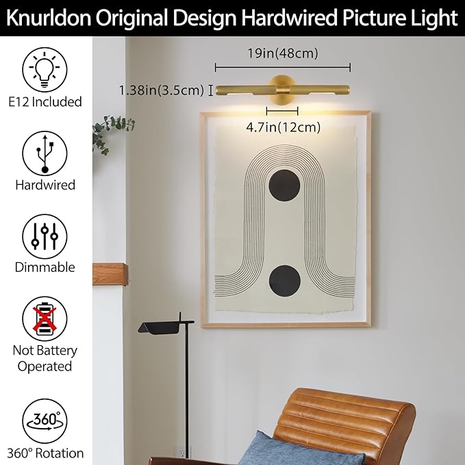 Hardwired Picture Light, 19" Knurled Brass Wall Sconces, Rotatable 360° Picture Lights for Wall, Wall Art Gold Sconces Wall Lighting, Indoor,Bathroom Wall Sconce, Includes Bulbs