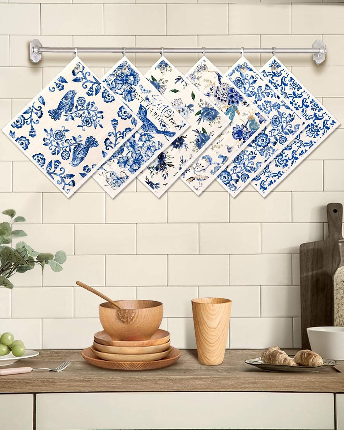 6 Pack Swedish Dishcloths for Kitchen - Reusable Dish Cloths for Washing Dishes Absorbent Cute Funny Kitchen Towels Cleaning Sponge, Blue Floral