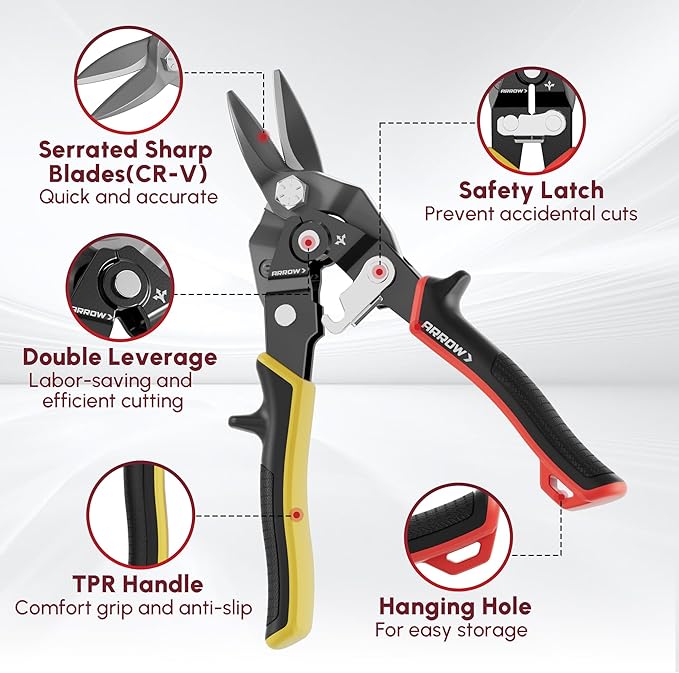 ARROW 3PCS 8-inch Tin Snips for Cutting Metal Sheet, CR-V Steel Aviation Snips, High Leverage Labor-saving Metal Cutter, Left Straight Right Cut