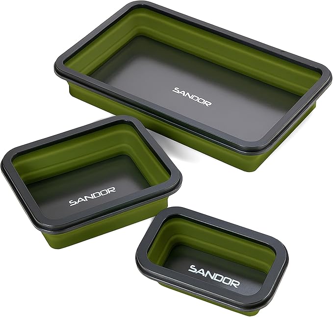 Collapsible Magnetic Parts Tray Set - 3 Different Size Tool Trays for Screw, Bolts, Nuts, Washers, Pins and Other Small Metal Parts, Mechanic Tool Gifts for Men - Olive Green