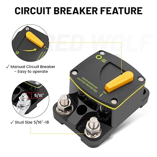 RED WOLF 300A Circuit Breaker Switch Manual Reset DC 12-24V, 5/16"-M8 Stud for Car Audio RV Marine Boat Truck Trolling Motors Stereo Audio Electronic Battery Solar System