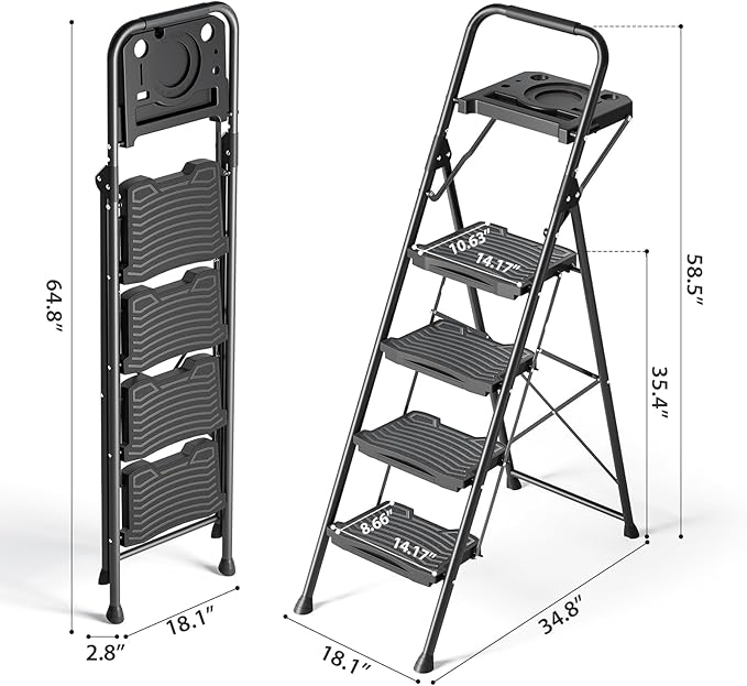 KINGRACK 4 Step Ladder with Tool Platform, Sturdy Step Stool, Anti-Slip Wide Pedals, Handrail, Foldable Step Ladder, Pass 900LBS Testing, Multi-Use for Home, Garage, Garden, Painting, Black