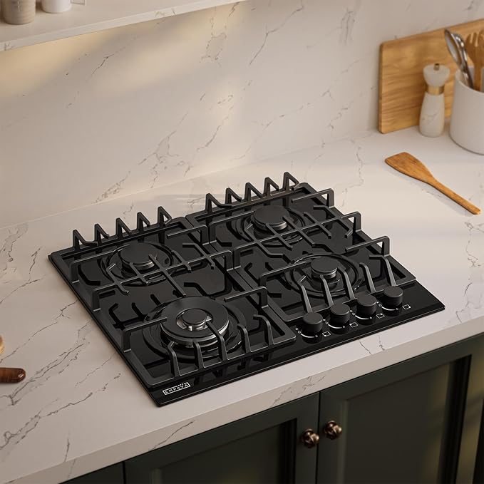 Empava 24" Gas Stove Cooktop 4 Italy Sabaf Sealed Burners NG/LPG Convertible Tempered Glass in Black, 24 Inch