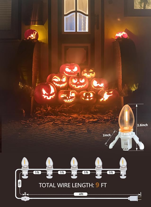 KGC LED Accessory Cord with 5 Pieces C7 Light Bulbs, 9FT White Cord with On/Off Switch Plugs - C7 led Bulb Warm White with Spare Fuse for Holiday Decoration and Craft Village House Decoration 1 Pack