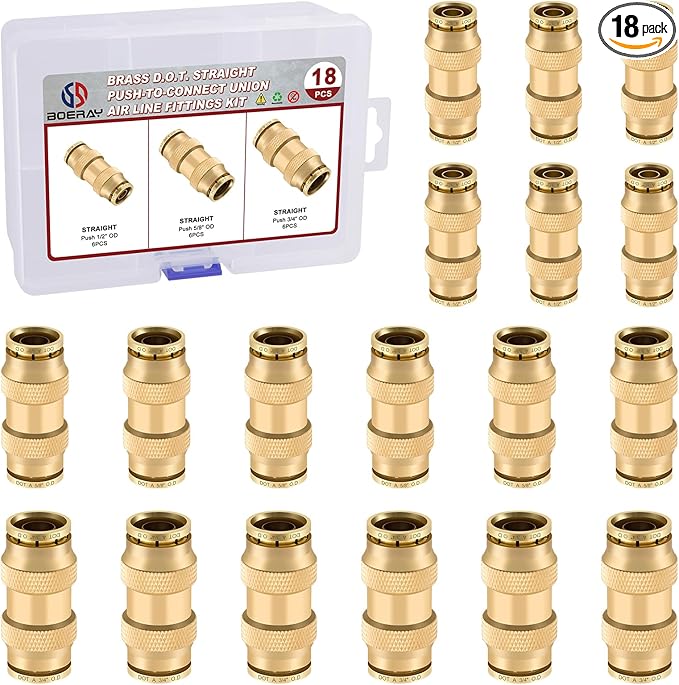 18pcs Quick Connect Brass DOT Air Line Fittings Straight Union 5/8” 3/4” 1/2” Tube Push to Connect Fittings Air Suspension Fittings Straight Air Brake Union Push Lock Pneumatic Air Hose Fitting