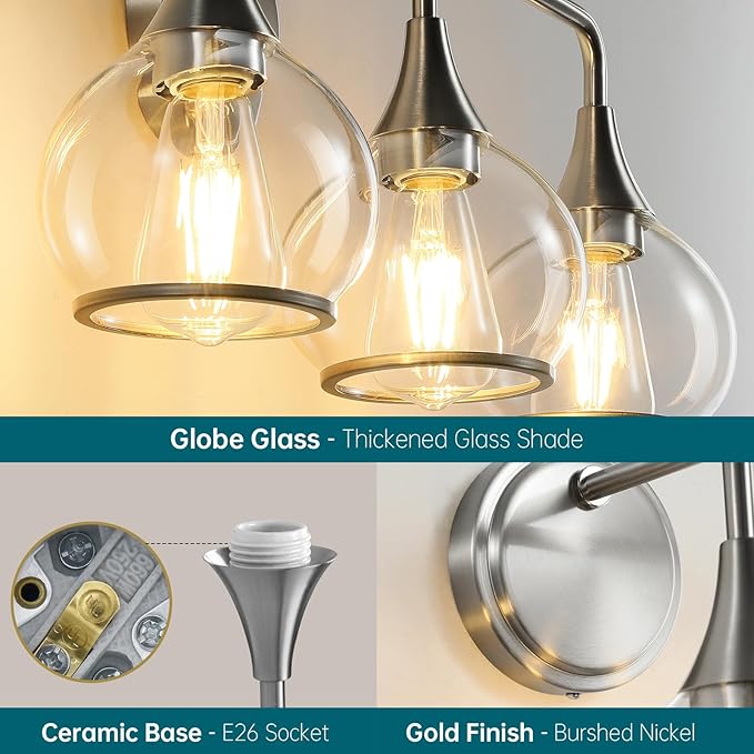 Brushed Nickel Bathroom Vanity Light 3 Lights Bathroom Light Fixtures Over Mirror with Clear Glass Shade 22.4 inch Wall Sconces Lighting Bath(Exclude E26 Bulb)