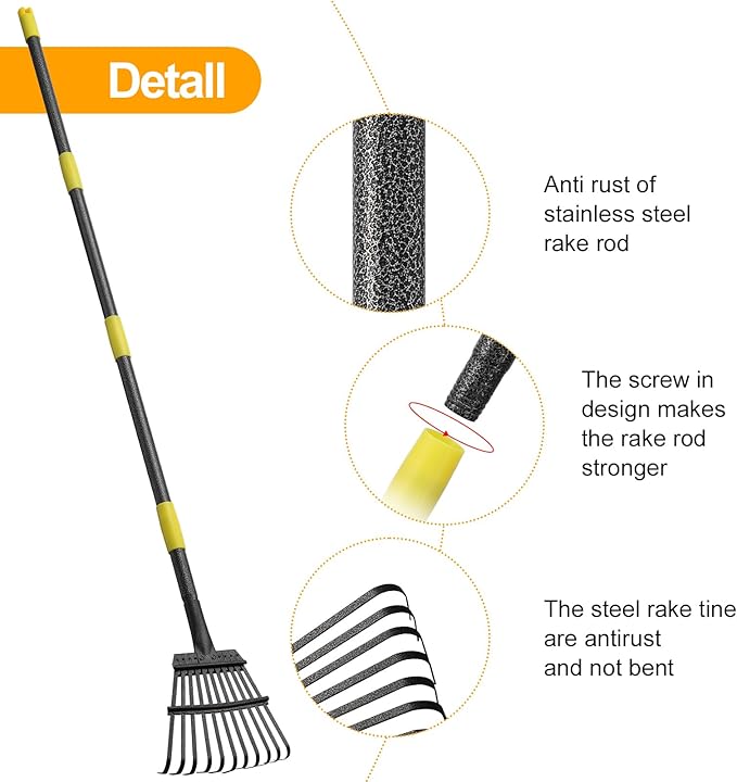 60" Leaf Rake- 11 Metal Tines 8.5" Wide- Small Leaves Rakes for Gardening- Adjustable Metal Leaf Rake for Picking Leaves,Grass Clippings Garbage