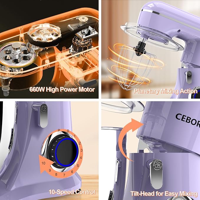 3-IN-1 Electric Stand Mixer, 6.5QT Bowl 660W 10-Speed Kitchen Mixer, Household Food Mixers include Dough Hook, Beater and Whisk, Bread Cake Mixer for Baking and Most Home Cooks, Purple