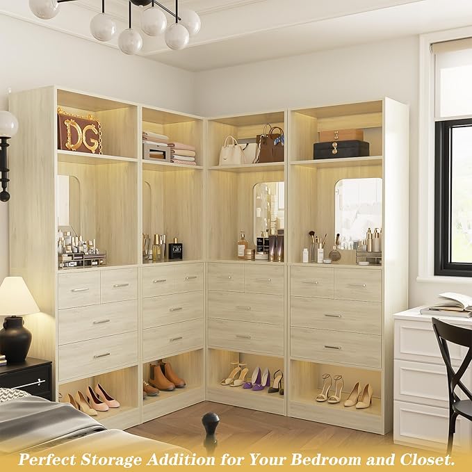 Unikito 100 Inch Closet System with Drawers, 8FT Wood Closets Organizer with Mirror Design, Freestanding Heavy Duty Walk in Closet Towers for Bedroom, Easy Assembly, Max Load 2000 LBS, White Oak