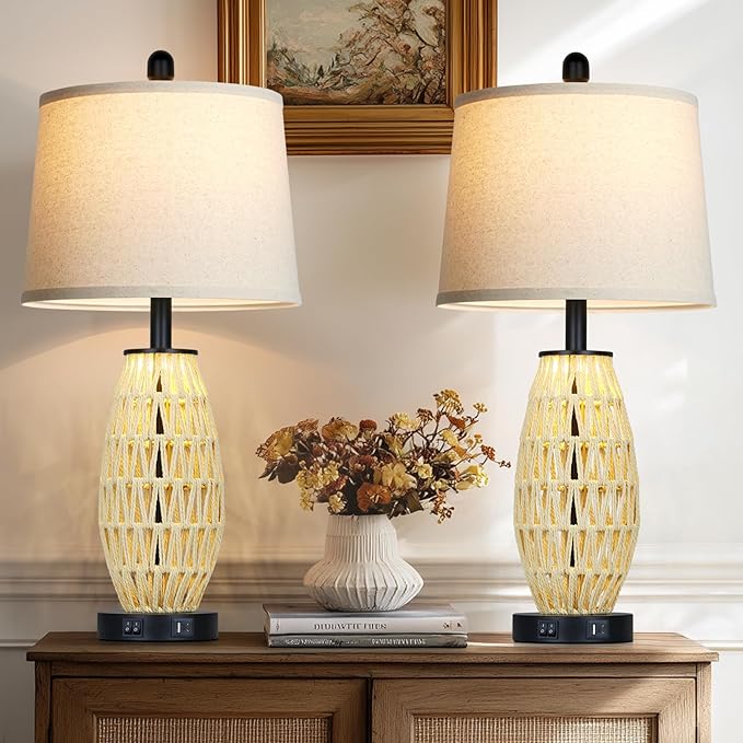27“ Beige Boho Rattan Table Lamps with Night Light, Natural Bedroom Lamps Set of 2 with USB A+C Charging Ports, Rustic Farmhouse Woven Wicker Bedside Nightstand Lamp for Living Room End Tab