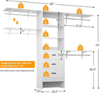 Closet System with Drawer - 8FT Wood Closet Organizer System with 3 Hanging Rods and Shelving Tower, 96" Walk In Closet Organizer Wardrobe, Heavy Duty Garment Rack Clothes Rack, White